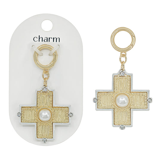 Gold and Silver Textured Cross with Pearl Scarf Necklace Charm