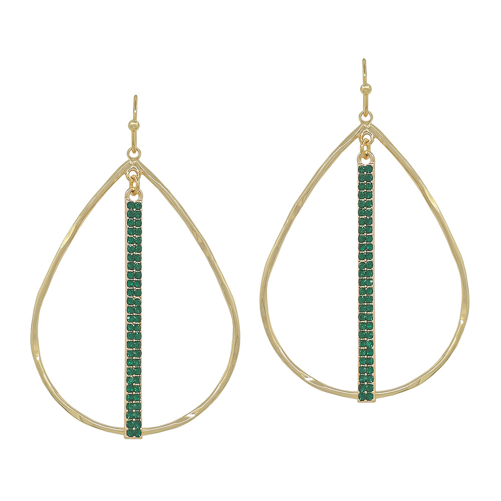 Open Teardrop with Green Rhinestone Bar 2" Earring