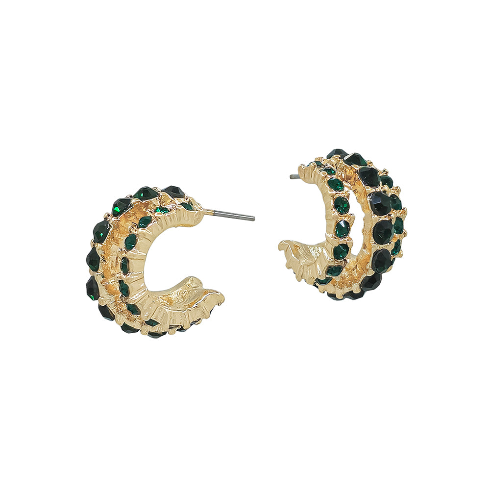 Three Row Green Rhinestone .75" Hoop Earring