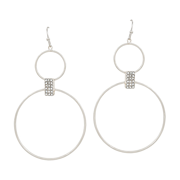 Thin Double Silver Circle with Pave Ring Accent 2" Earring