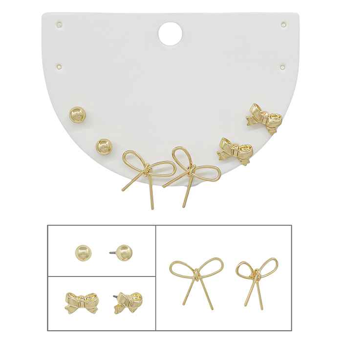Set of 3 Open Gold Bow and Bow and Stud Earrings