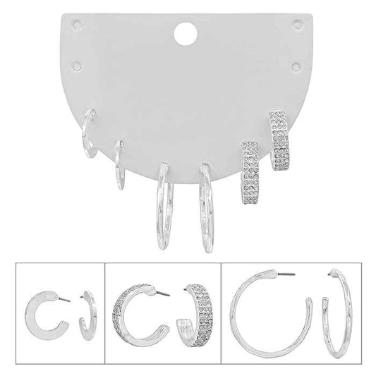 Set of 3 Pave and Silver .25, .5" and .75" Earrings