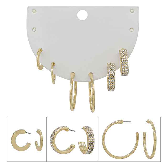 Set of 3 Pave and Gold .25, .5" and .75" Earrings