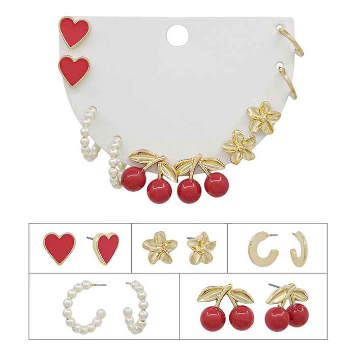 Set of 5 Stud Earrings, Heart, Flower, Pearl Hoops, and Cherries