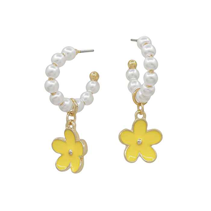 Pearl .75" Hoop Earring with Yellow Enamel Flower Drop