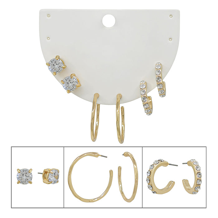 Set of 3 Clear Crystal Stud and Hoop Earrings