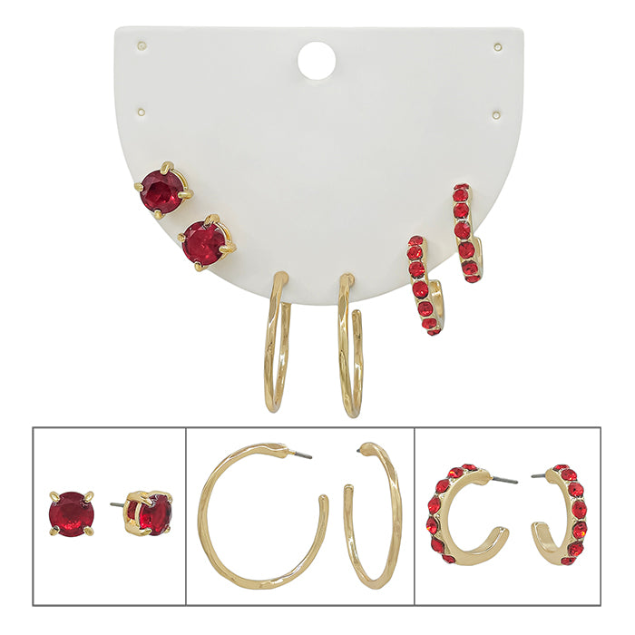 Set of 3 Red Crystal Stud and Hoop Earrings