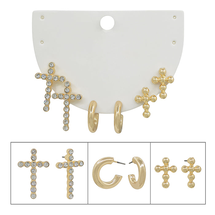 Set of Three Rhinestone Cross, Beaded Cross, and Huggie Hoops