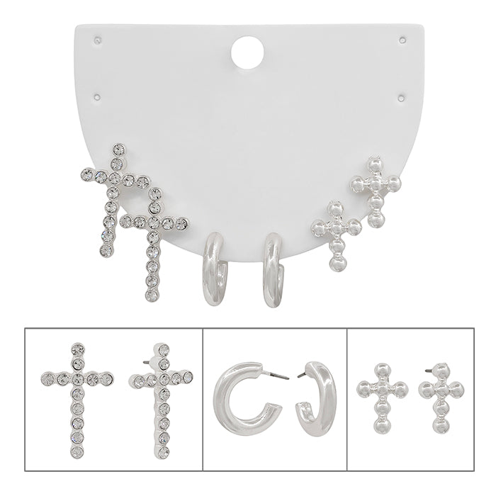 Set of Three Silver Rhinestone Cross, Beaded Cross, and Huggie Hoops