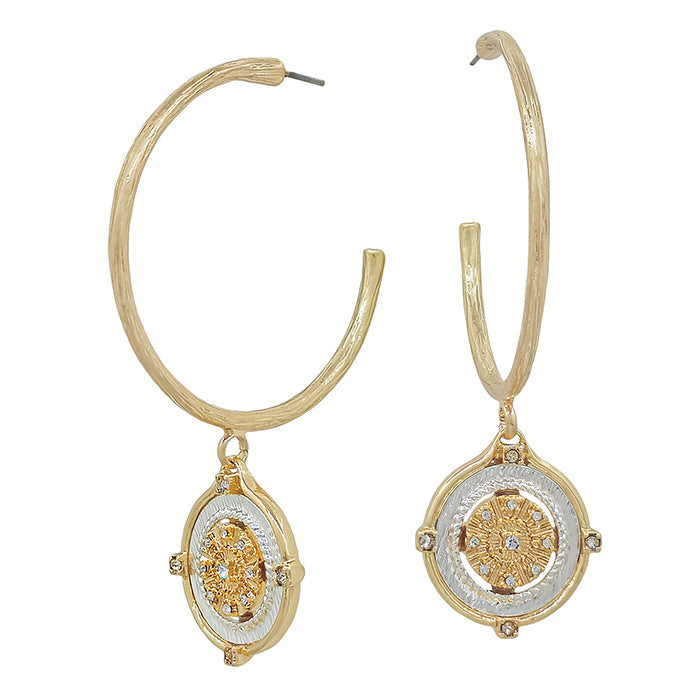 Gold Thin Hoop with Two Tone Coin Charm 2.25" Earring