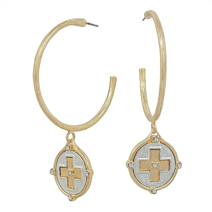 Gold Thin Hoop with Two Tone Cross Charm 2.25" Earring