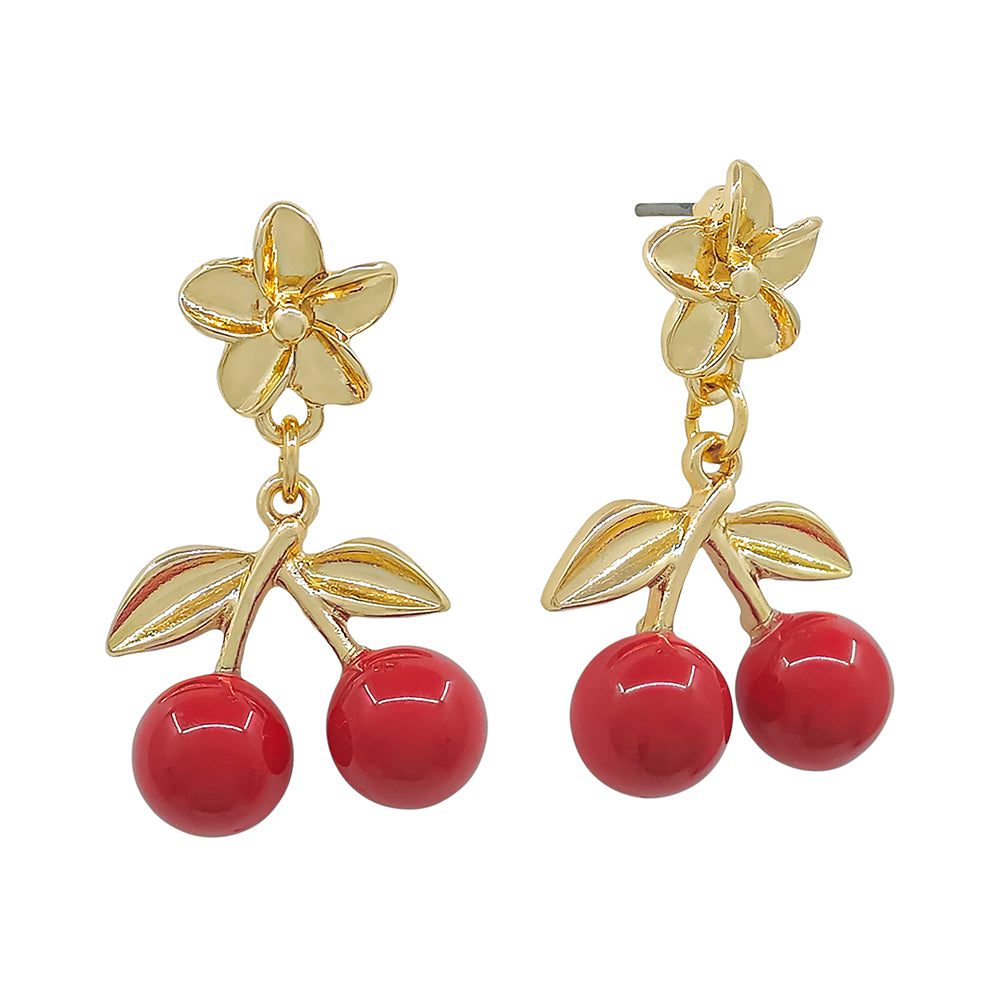 Gold Flower Stud with Cherry Drop .75" Earring
