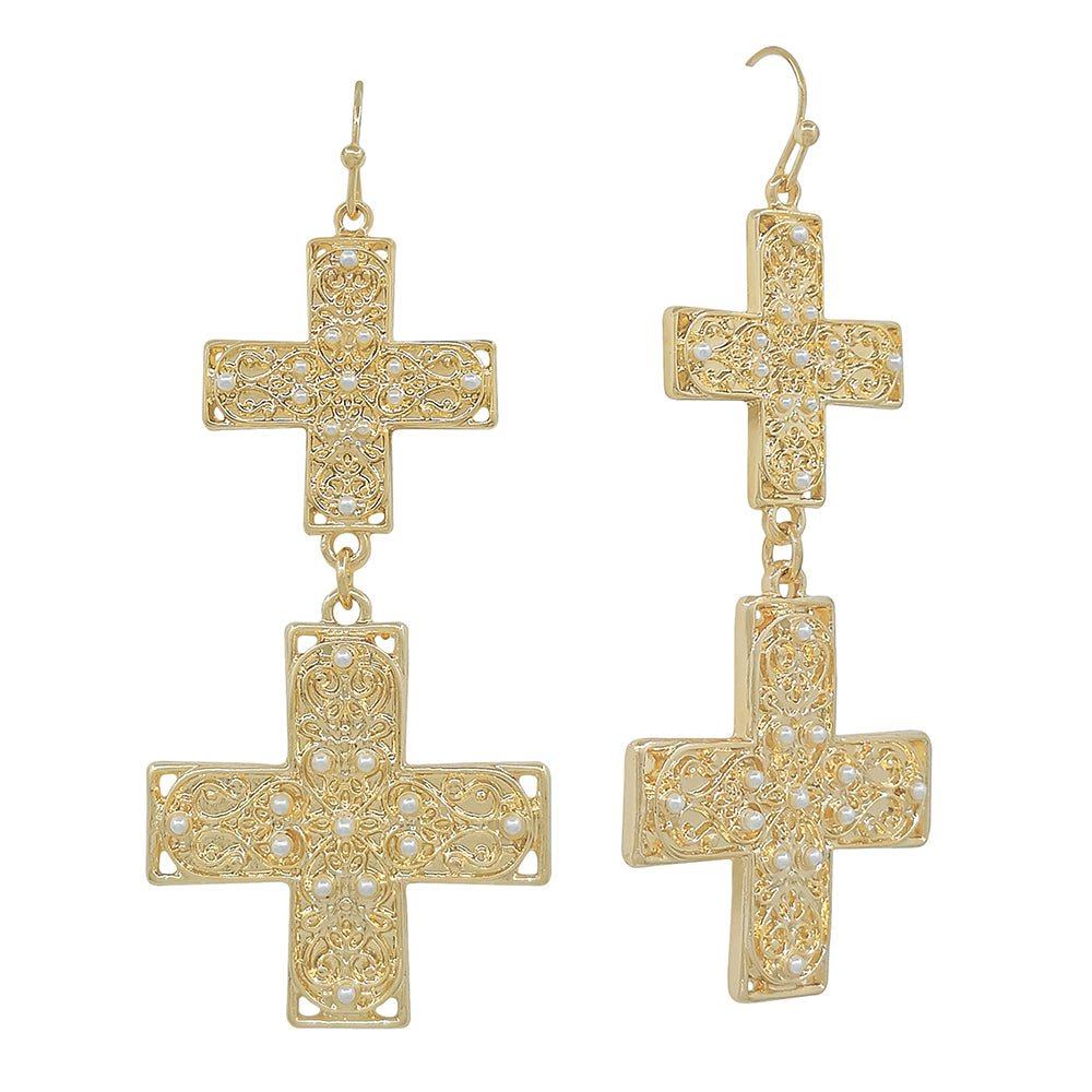 Hammered Gold Double Cross Drop 2" Earring