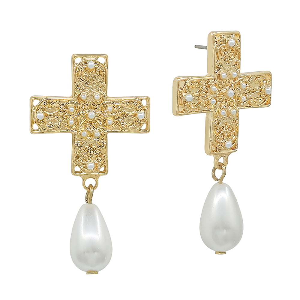 Hammered Gold Cross with Pearl 1.5" Earring