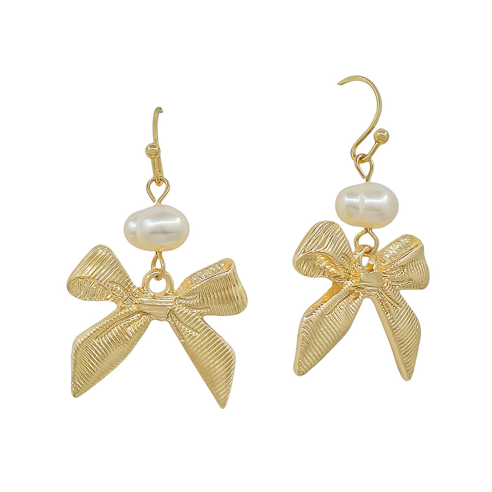 Pearl with Bow Ribbon Drop 1" Earring