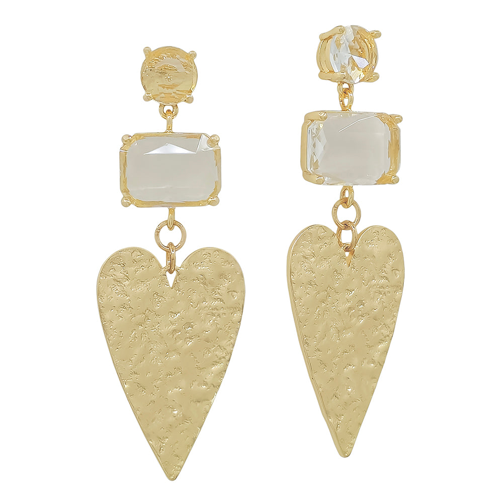 Hammered Heart with Clear Rectangle Stone 2" Drop Earring