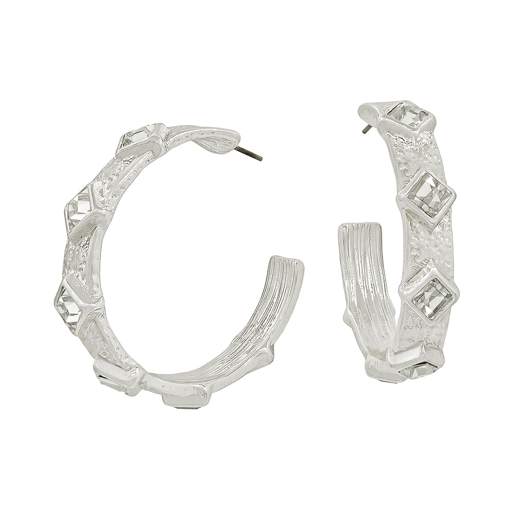 Silver Textured Hoop with Clear Diamond Crystals 2" Earring