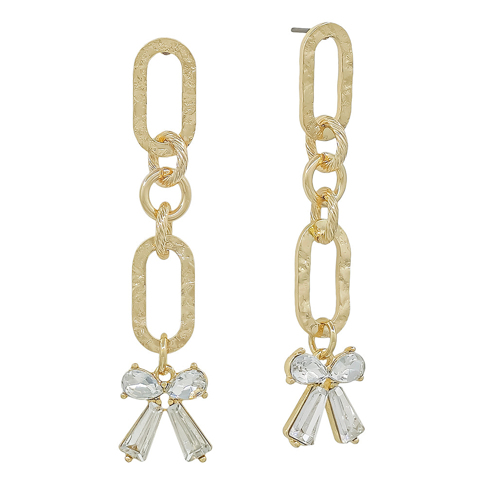 Gold Hammered Open Oval with Rhinestone Bow 2" Drop Earring