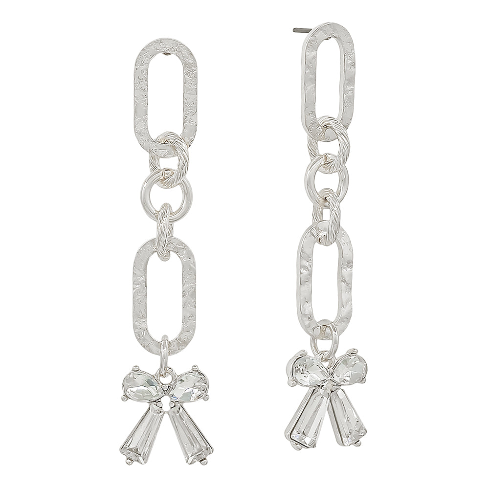 Silver Hammered Open Oval with Rhinestone Bow 2" Drop Earring