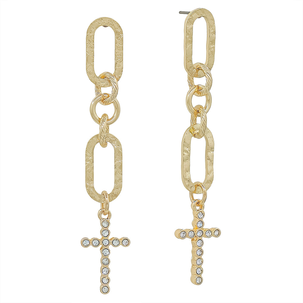Gold Hammered Open Oval with Rhinestone Cross 2" Drop Earring