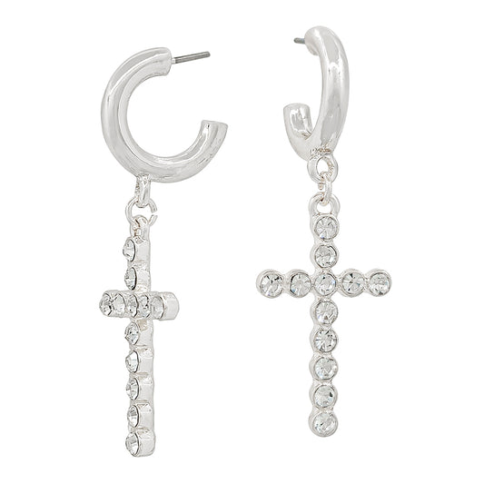 Silver .5" Hoop with Rhinestone Cross Charm