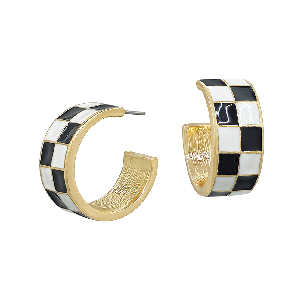 Black and White Checkered and Gold .75" Hoop Earring