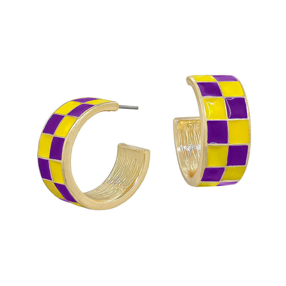 Purple and Yellow Checkered and Gold .75" Hoop Earring