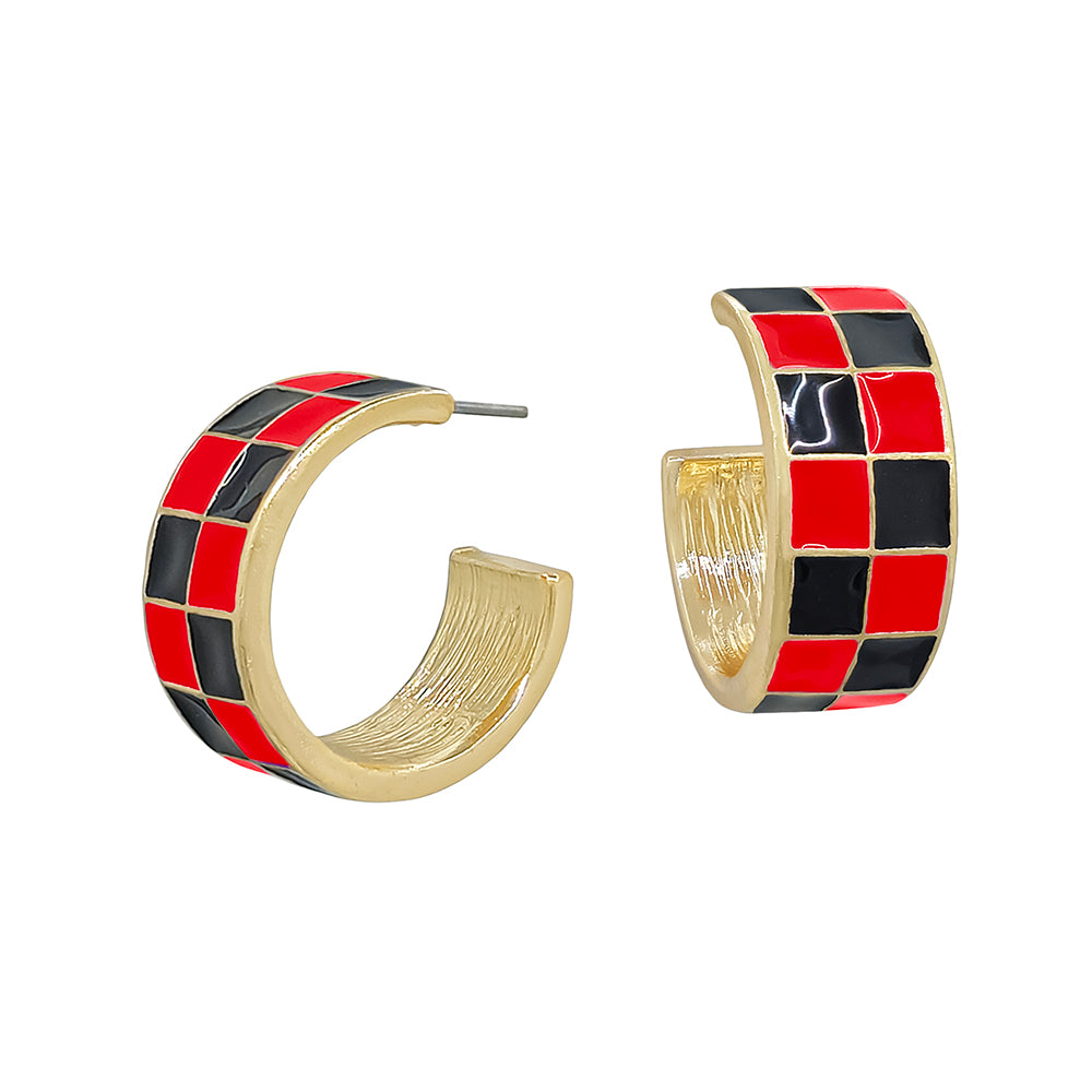 Red and Black Checkered and Gold .75" Hoop Earring