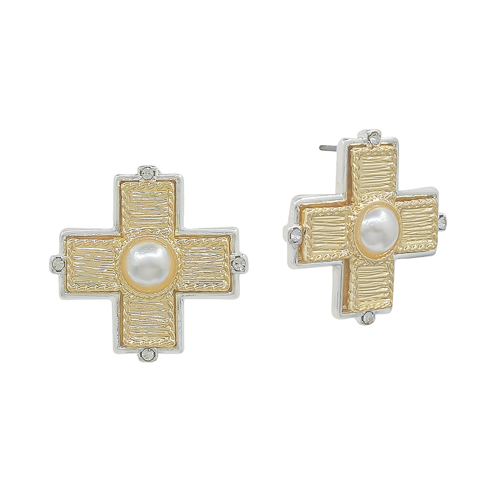 Gold and Silver Textured Cross with Pearl Stud Earring