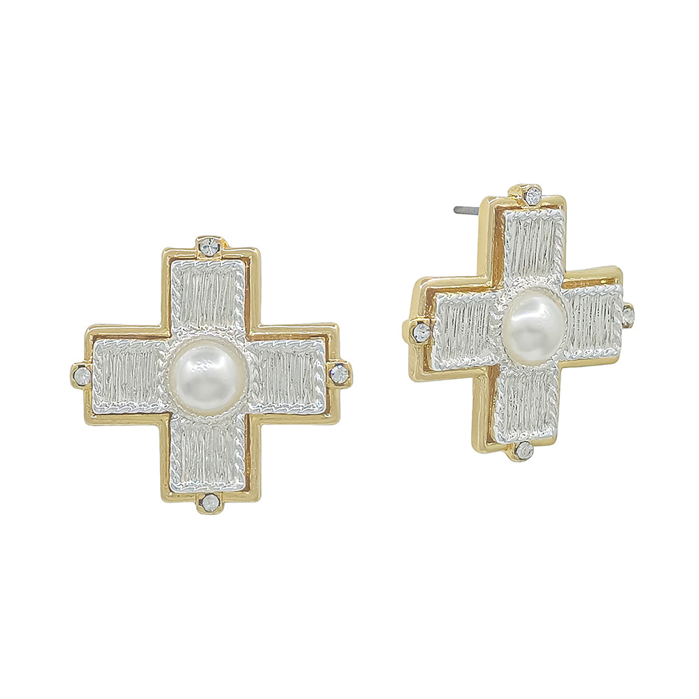 Silver and Gold Textured Cross with Pearl Stud Earring