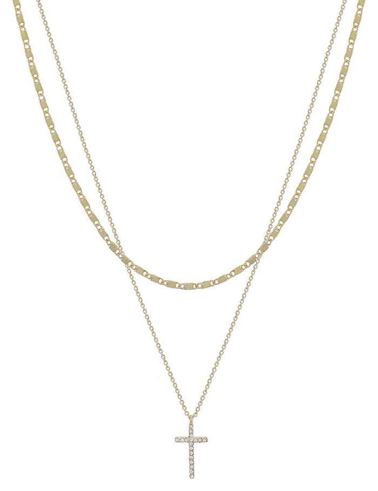 Gold Layered Chain with Rhinestone Cross 16"-18" Necklace