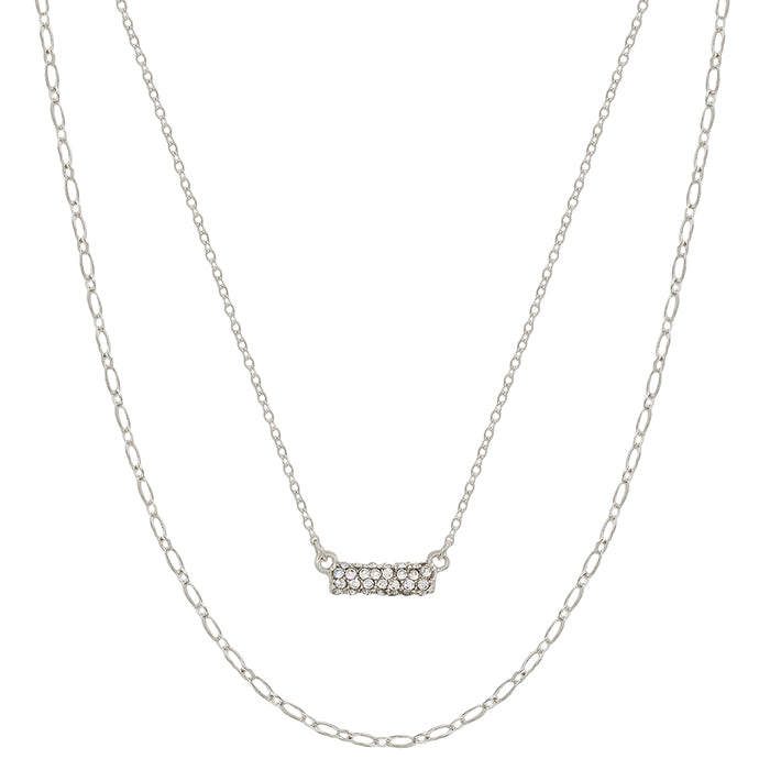 Silver Rhinestone Bar with Layered Chain 16"-18" Necklace