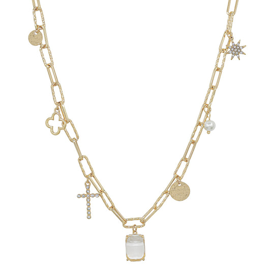 Gold Chain with Crystal, Coin, Cross Charm 16"-18" Necklace