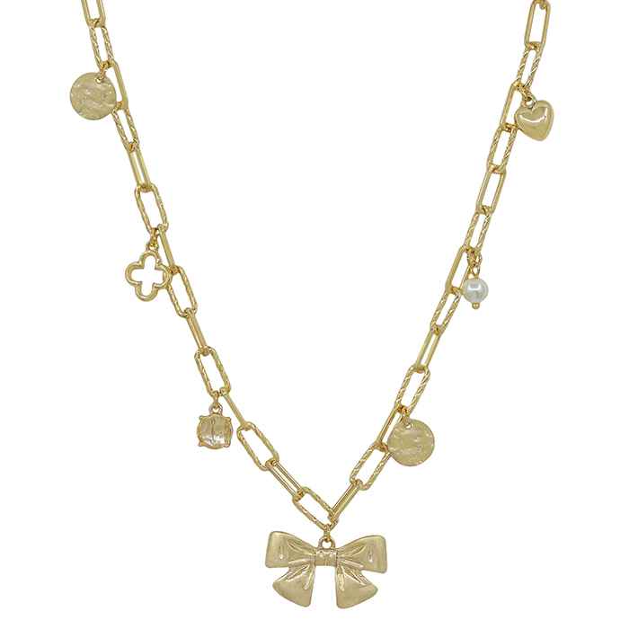 Gold Bow, Clover, and Puffy Heart Charm 16"-18" Necklace