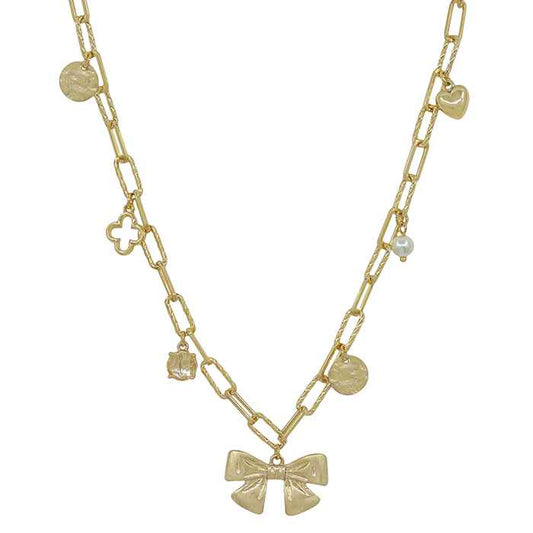 Gold Bow, Clover, and Puffy Heart Charm 16"-18" Necklace