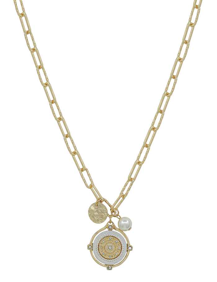 Gold Chain with Two Tone Coin and Pearl Charm 16"-18" Necklace
