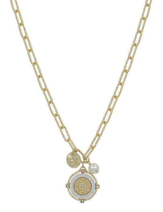 Gold Chain with Two Tone Coin and Pearl Charm 16"-18" Necklace