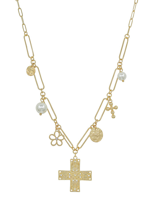 Gold Open Chain with Cross, Flower, and Pearl Charm 16"-18" Necklace