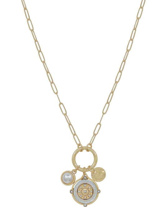 Gold Chain with Coin and Pearls Clip Charm 16"-18" Necklace