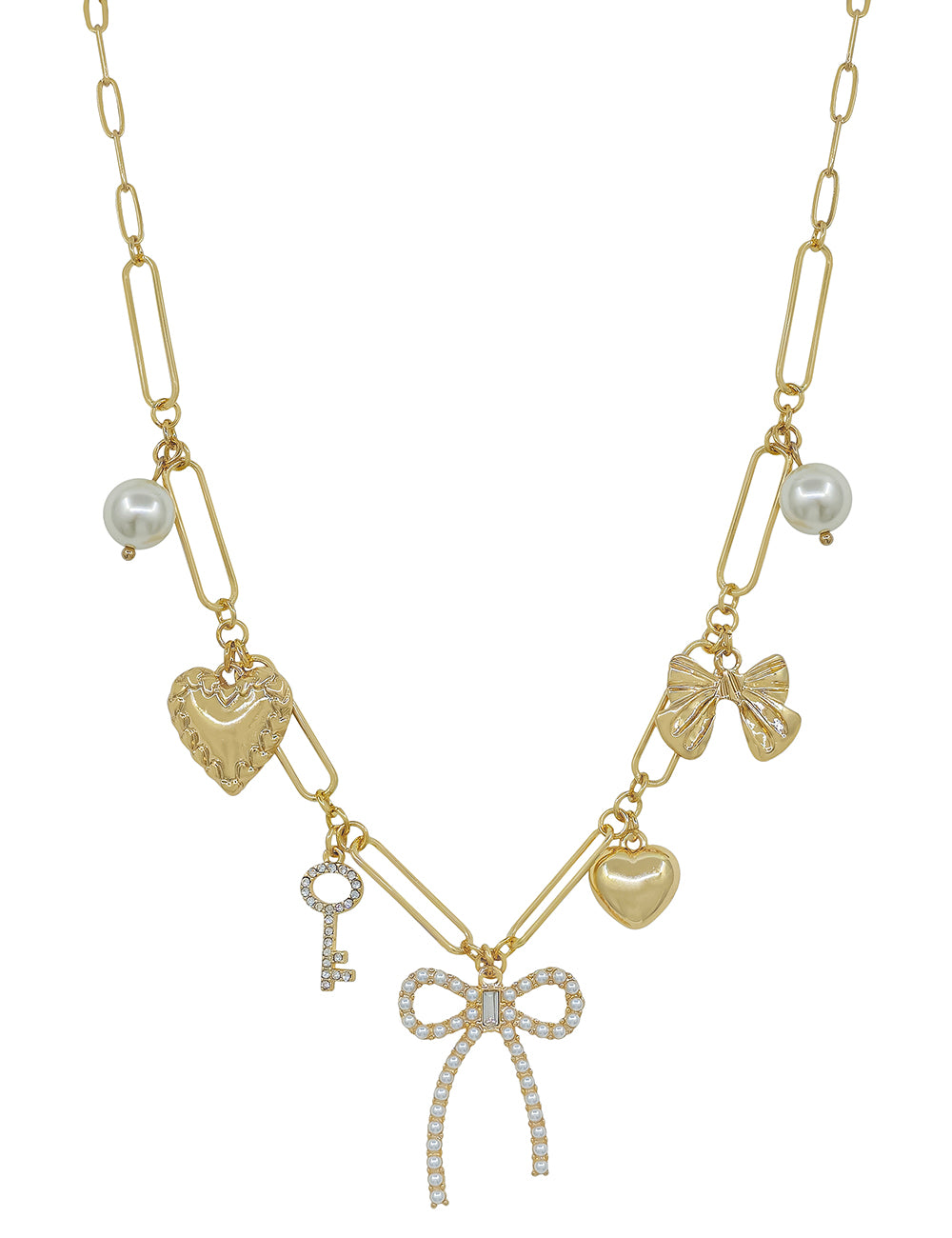 Gold Chain with Pearl Bow, Hearts, Key Charms 16"-18" Necklace