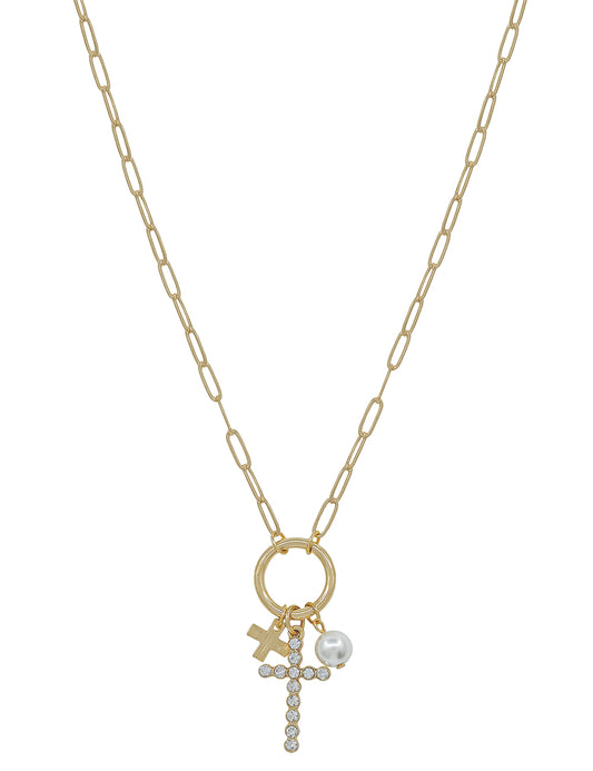 Gold Chain with Cross and Pearls Clip Charm 16"-18" Necklace