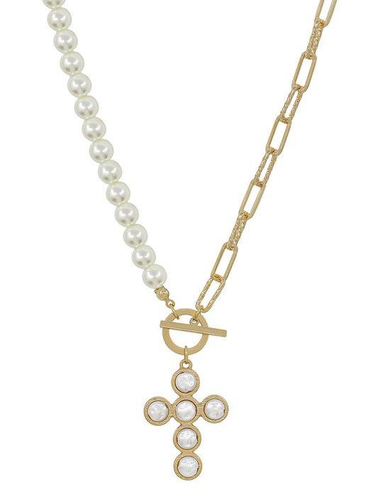 Gold Chain and Pearl Chain with Pearl Cross 16"-18" Necklace