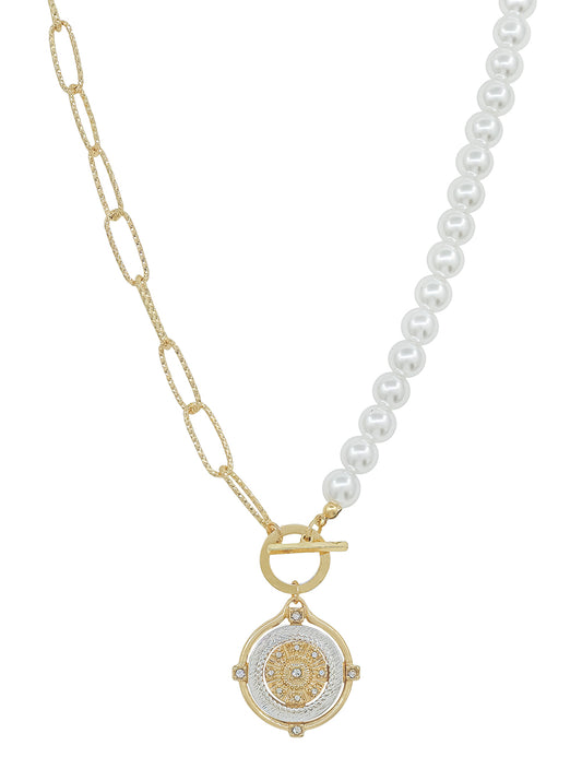 Gold Chain and Pearl Chain with Coin 16"-18" Necklace