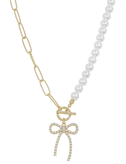 Gold Chain and Pearl Chain with Pearl Bow 16"-18" Necklace