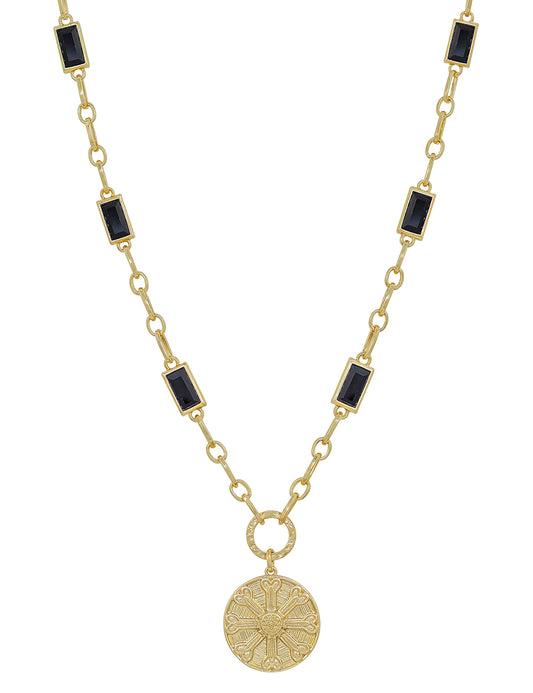 Gold with Black Rectangle Crystal Chain and Gold Hammered Coin 16"-18" Necklace