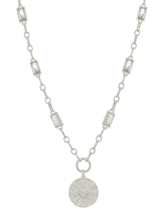 Silver with Clear Rectangle Crystal Chain and Silver Hammered Coin 16"-18" Necklace