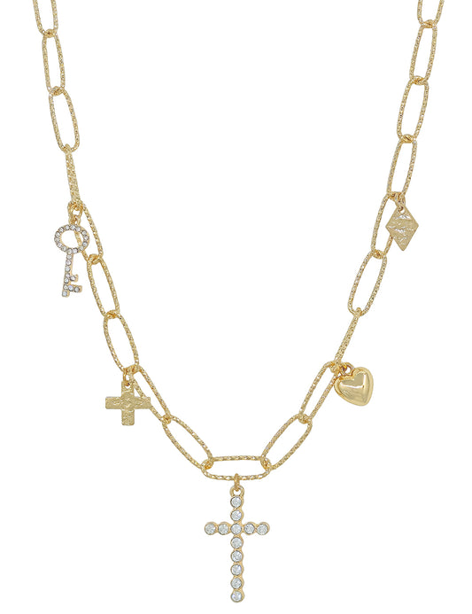 Gold Chain with Rhinestone Cross, Bow, and Key Charm 16"-18" Necklace