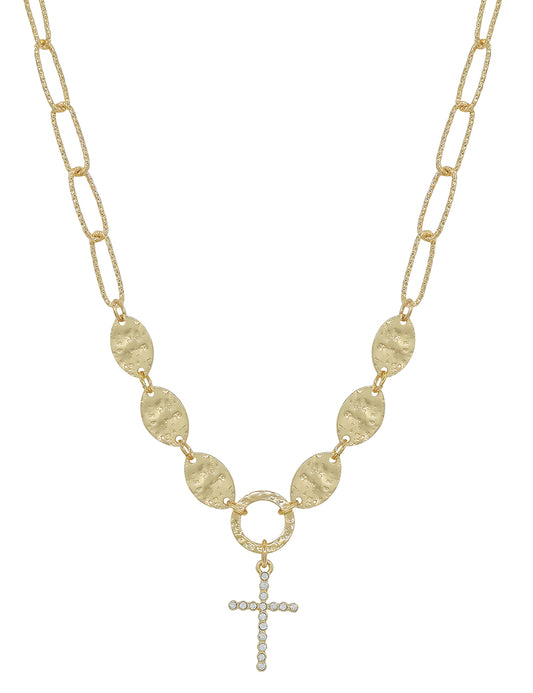 Gold Chain with Hammered Circles and Rhinestone Cross 16"-18" Necklace