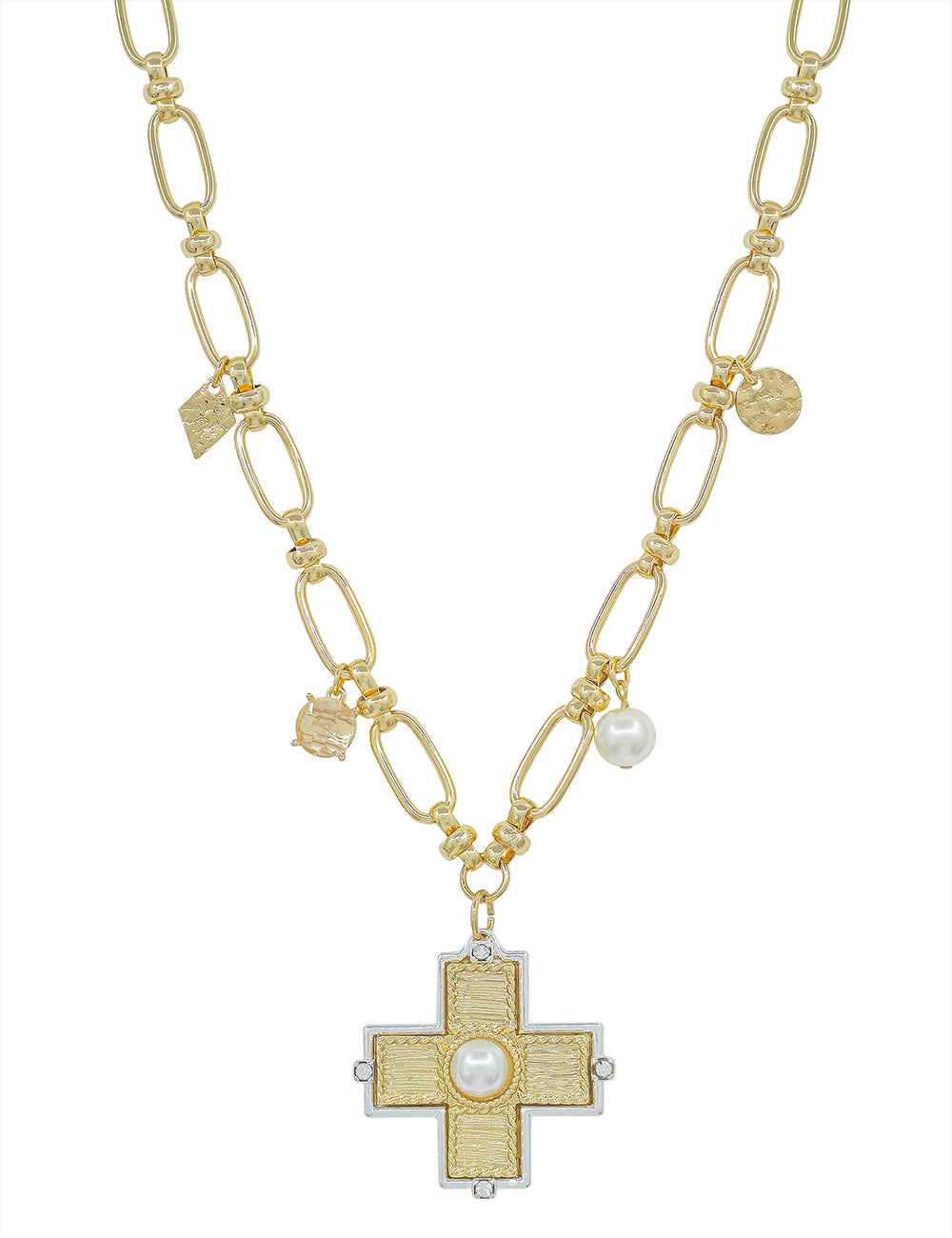 Gold Open Chain with Textured Cross with Pearl Charm 16"-18" Necklace