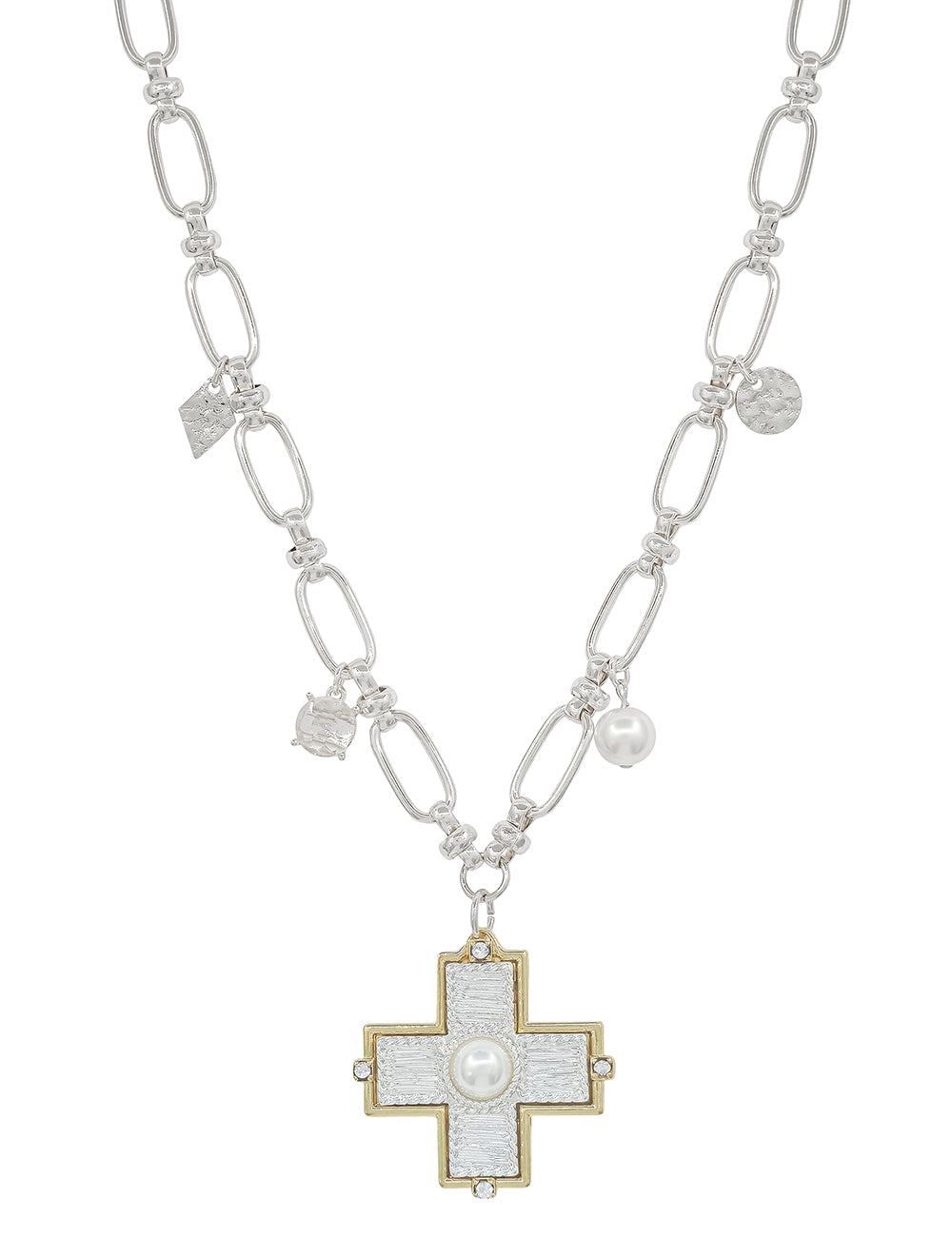 Silver Open Chain with Textured Cross with Pearl Charm 16"-18" Necklace